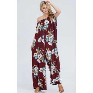 Love In Pants - Off Shoulder Floral Jumpsuit in Wine with Pockets Love In Pants - Off Shoulder Floral Jumpsuit in Wine with Pockets